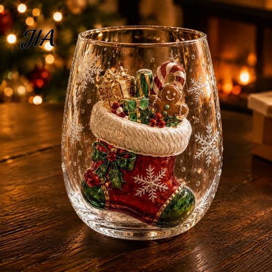 Unique Holiday Gift for Friends Christmas 3D Glass Tumbler, Santa Snowman Tree Sculpted Cup, Drinking Glasses Decorative Drinkware, Festive