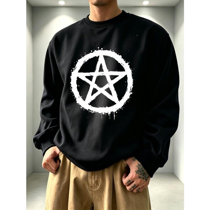 Men's Graphic Print Crew Neck Sweatshirt, Christmas and Halloween Pattern, White Pentagram Star Design, Casual Outdoor Apparel