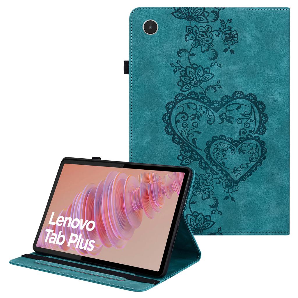 For Lenovo Tab Plus Leather Case Heart Imprint Foldable Stand Card Slot Stylus Holder Tablet Cover