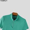 INCERUN Men Mockneck Short Sleeve Zip-up Rib Casual Fitted T-shirts Tops