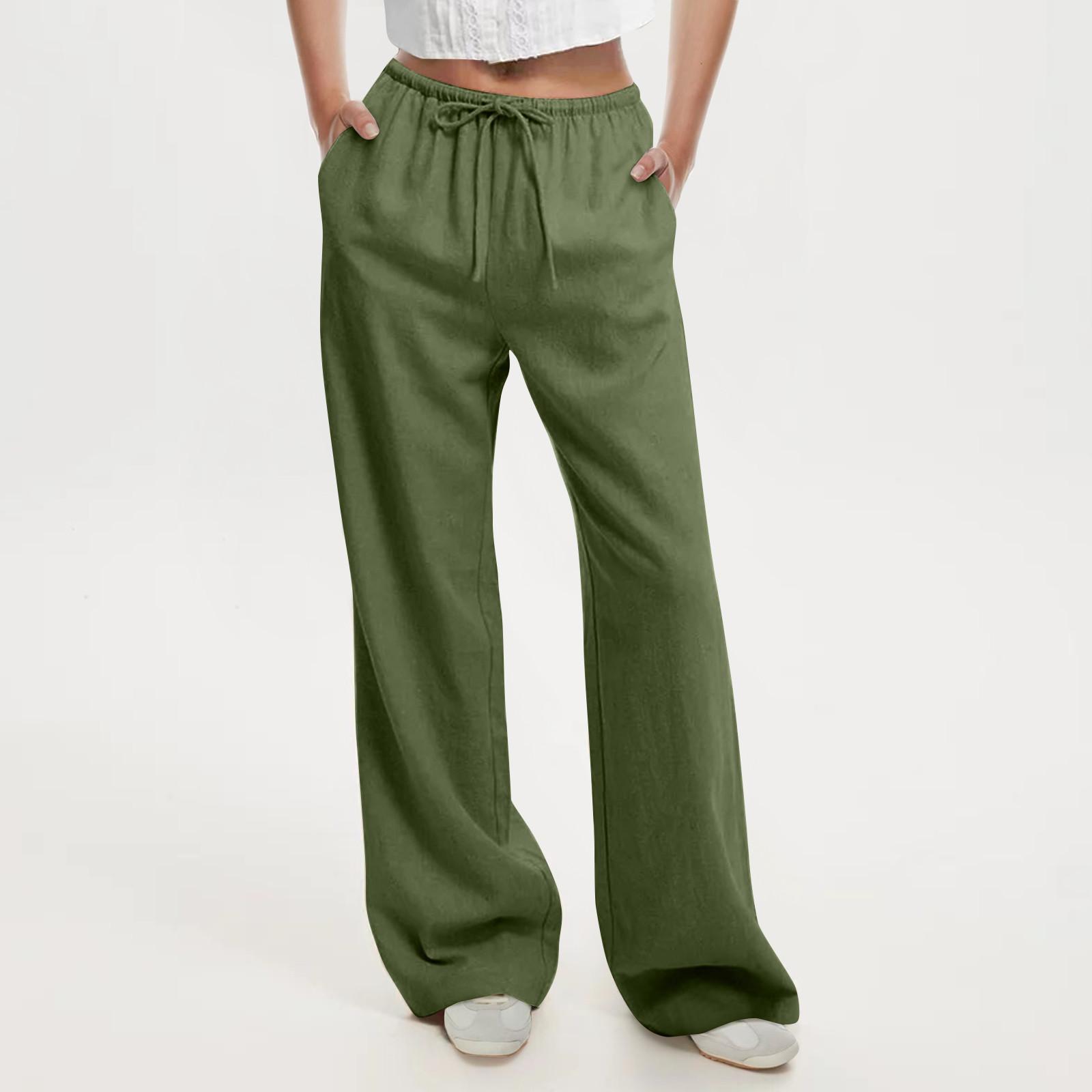 

Брюки для женщин, широкие брюки для йоги с карманами и пуговицами, повседневные укороченные брюки с высокой талией, свободные мягкие пижамные спортивные штаны L армия зеленый