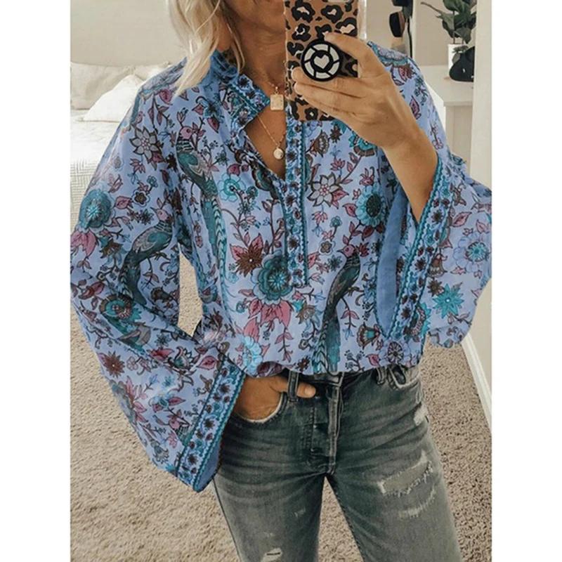 Spring Autumn Print Aesthetic Loose Casual Shirt Women Long Sleeve Vintage All Match Lady Blouse Sweet Fashion