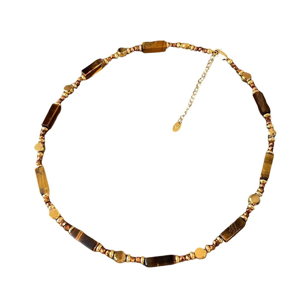 Vintage Natural Tigers Eye Stone Pendant Necklace Choker Adjustable Neckchain for Fashion Enthusiasts and Nature Lovers