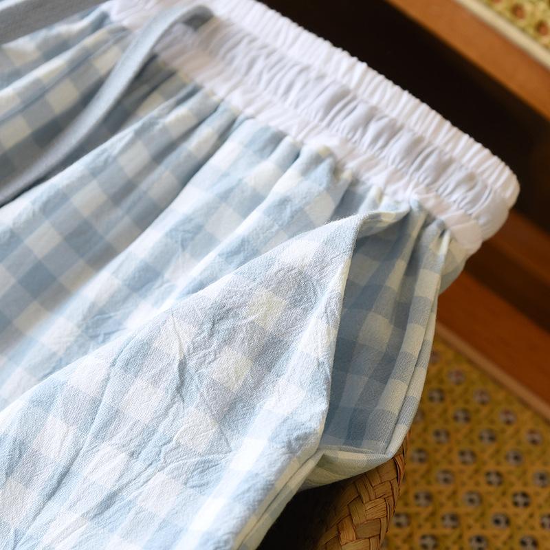 Spring Summer Color Matching Candy Straight Leg Pants for Home Wear Women's Cotton Plaid Design Loose Drawstring Waist Pajama Pants