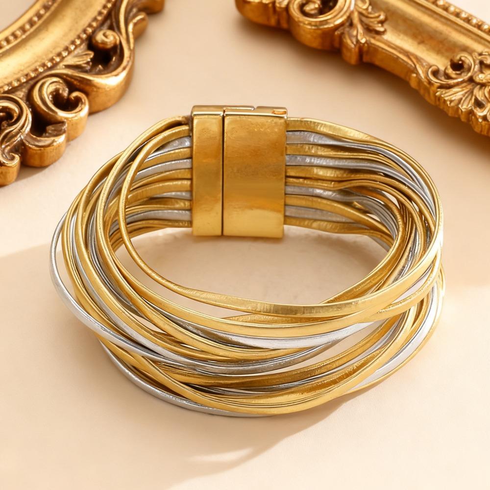 Bohemian Fashion Leopard Print Metal Tube Spliced Multi-layer Leather Rope Magnetic Clasp Bangles for Women Bracelet Jewelry