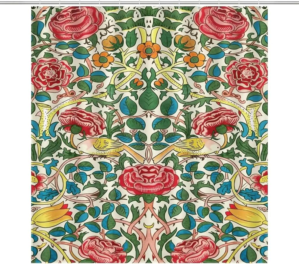 Exquisite Floral and Bird Pattern Print Water-resistant Shower Curtain with Vintage Design for Elegant Bathroom Decor