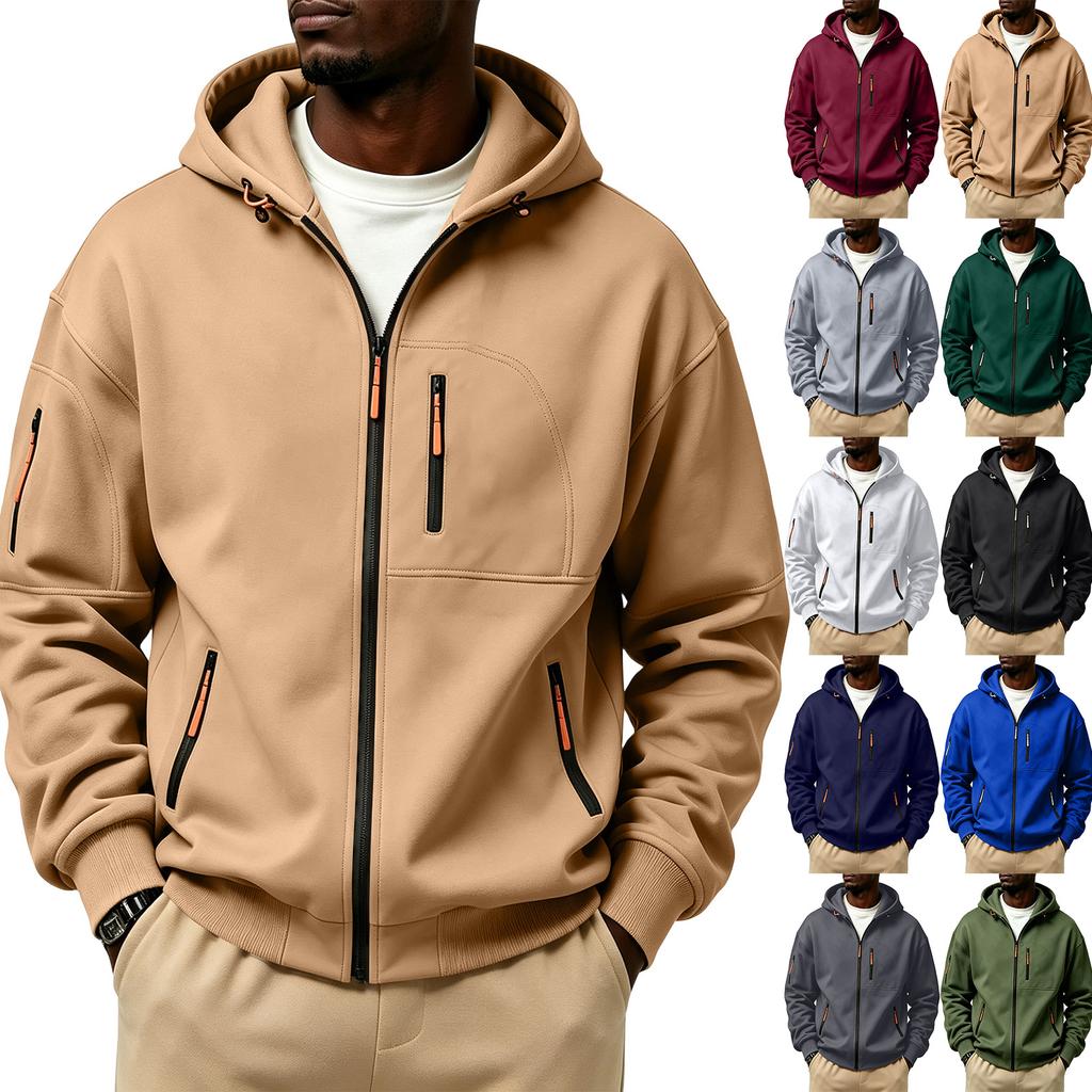 Men's Winter Color Hooded Zip-Up Sweatshirt with - Pockets for Daily Wear