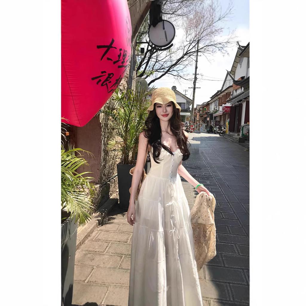 French Spaghetti Strap Dress for Women, Summer First Love Little White Dress, Yunnan Xinjiang Seaside Vacation Dress, Long Dress