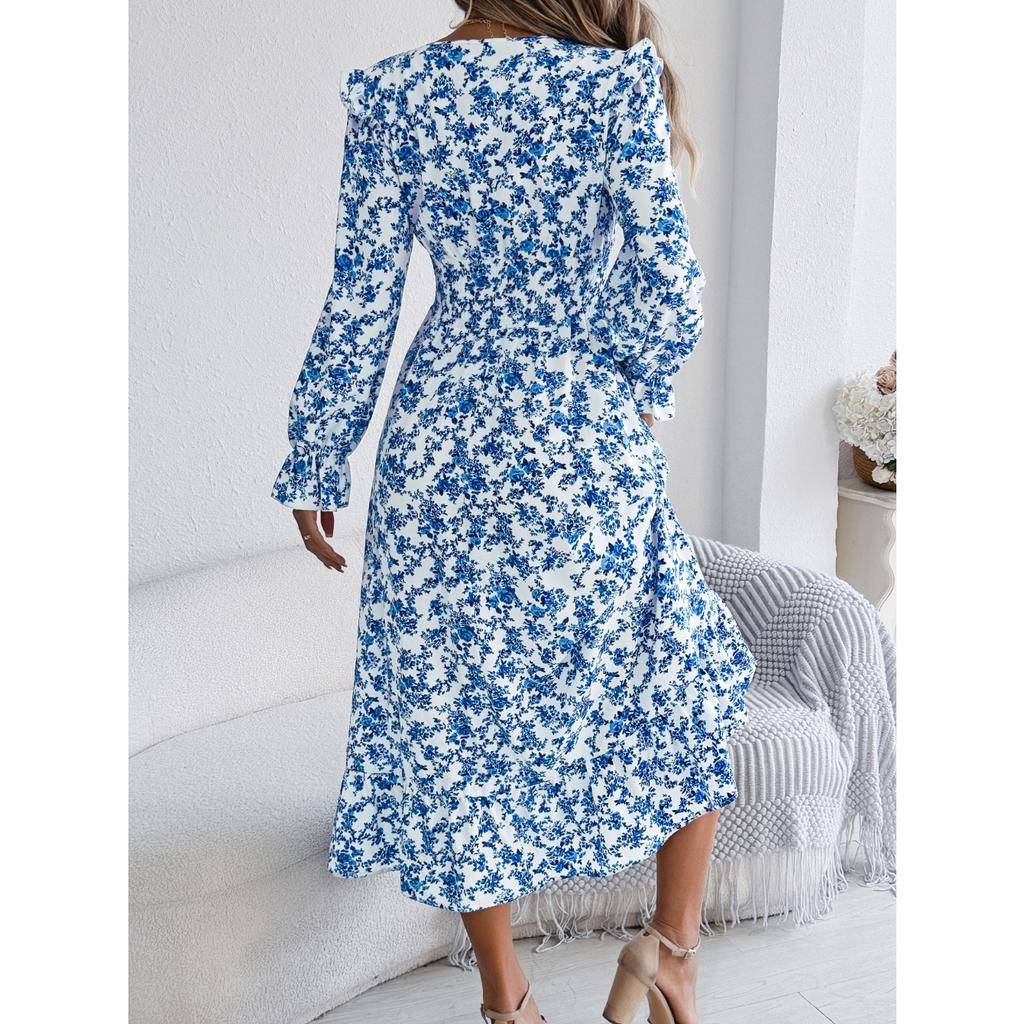 HNXC Autumn and Winter Elegant Floral Cross V-neck Cinched Waist Ruffled Long Dress Women's Wear