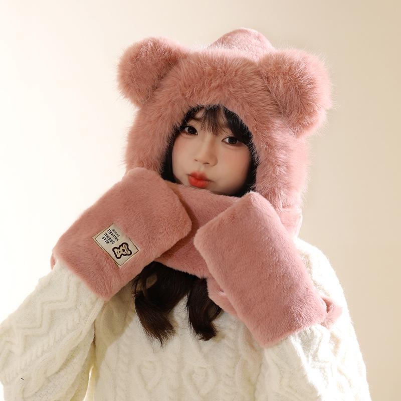 Women's Cozy Fox Ear Plush Hat with Integrated Scarf - Warm, Soft Lei Feng Design for Autumn and Winter. Perfect Ear Protection for Students.
