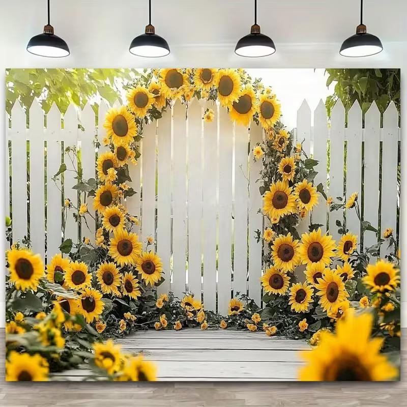 2D Garden Sunflower Backdrop with White Fence Photo Booth Background