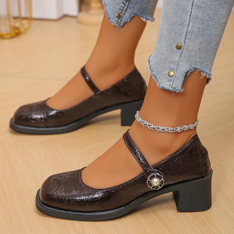 Kwadratowa klamra Grube obcasy Damskie buty Lato Nowe Damskie Modne Wszechstronne Płytkie Buty Eleganckie Proste Wysokie Obcasy