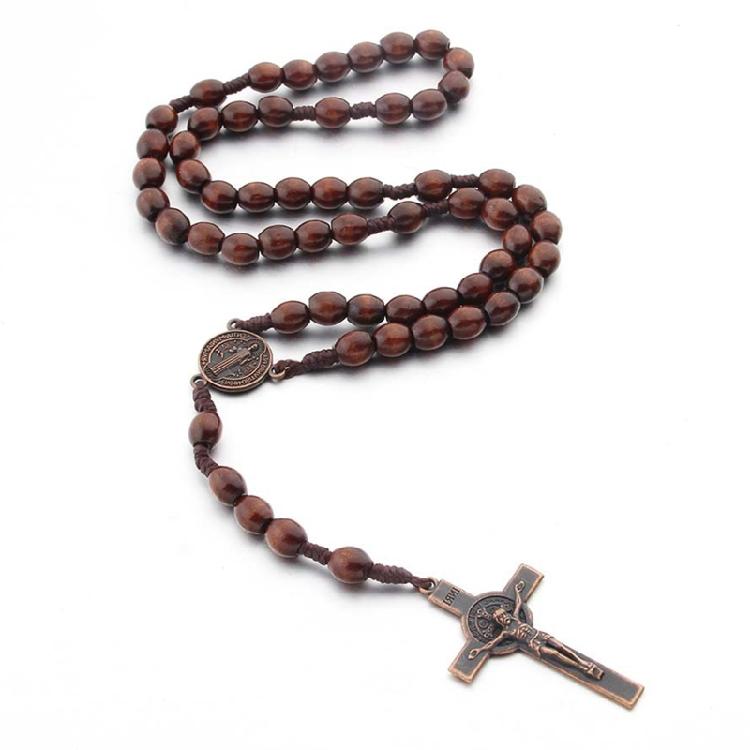 Pendentif Crucifix Vintage Collier Tressé Perles en Bois Chaînes de Pull pour Femmes
