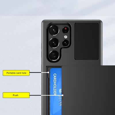 Posuvný držák na karty pouzdro na telefon pro Samsung Galaxy S23 Ultra, ochranný kryt PC+TPU proti pádu