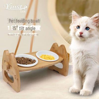 Gamelle Double en Céramique pour Animaux de Compagnie avec Support en Bois Massif - Protection du Cou pour Chiens et Chats