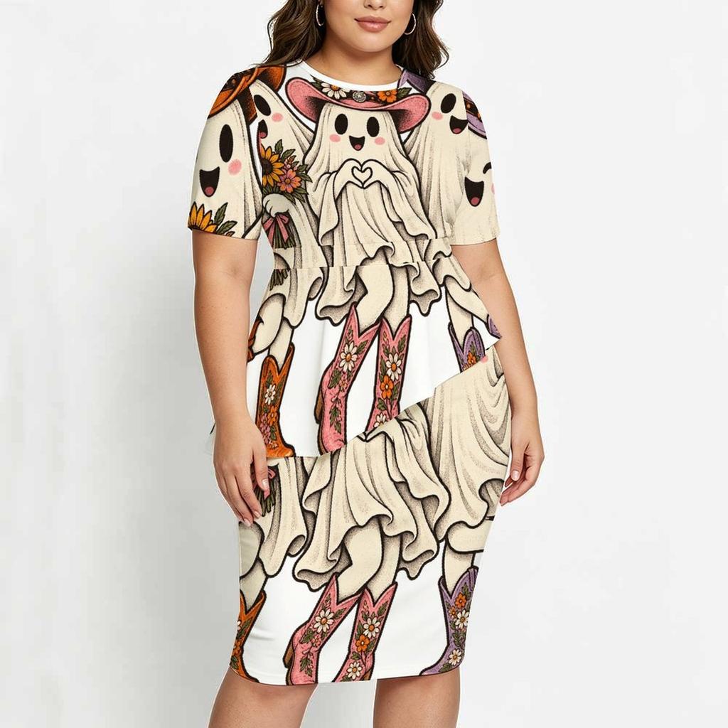 Women Plus Size Round Neck Short Sleeve Cute Bear Pumpkin Printed Asymmetric Top Fitted Skirt Two Piece Set