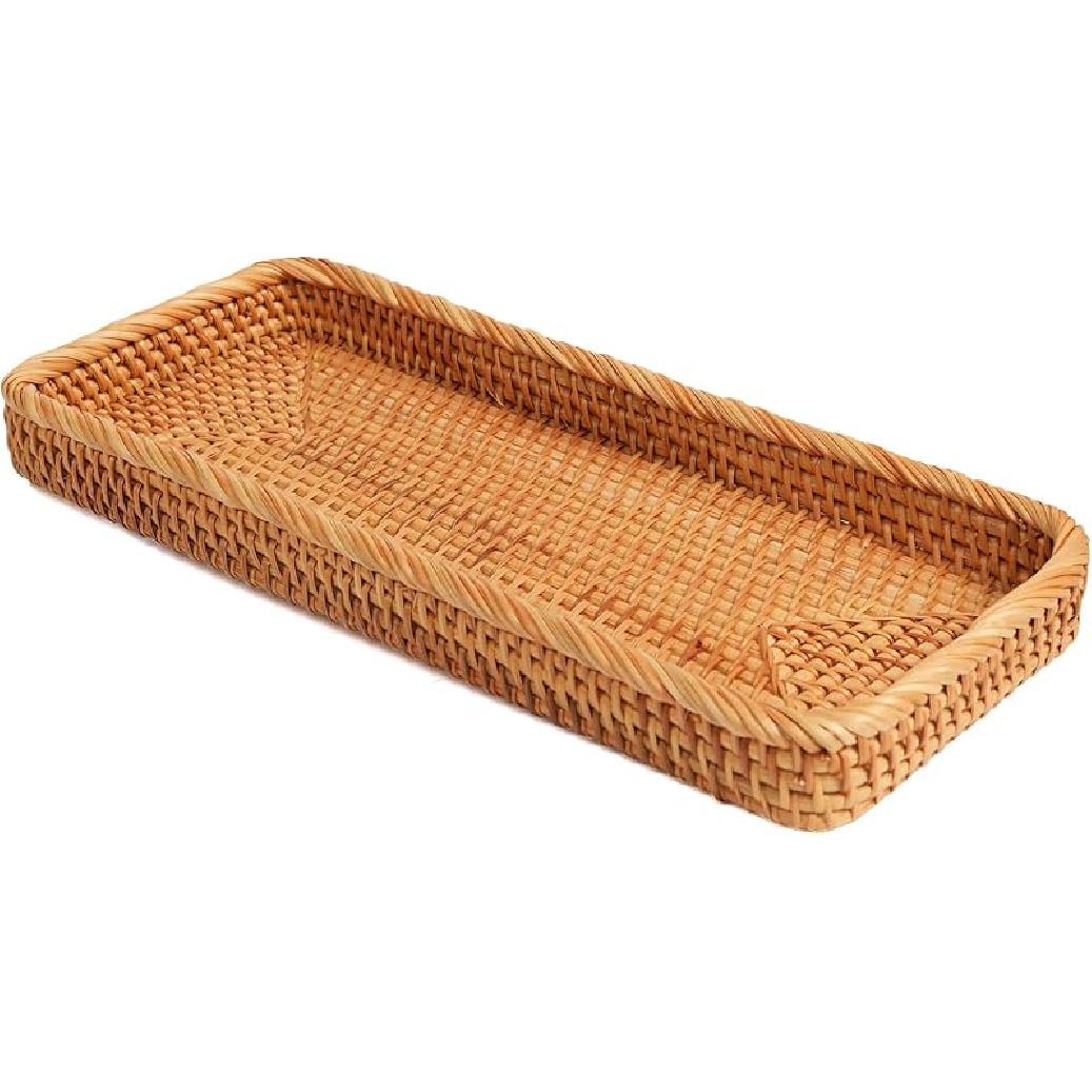 Rectangular Rattan Tray, Large Woven Tray Rectangle Basket Tray, Flat Baskets for Decor, Rattan Serving Tray for Breakfast, Drinks, 1pcs Rectangle Tay