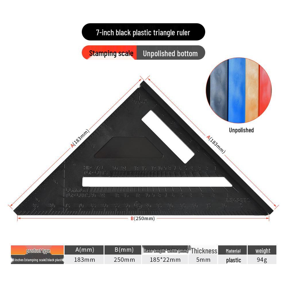 12-inch Aluminum Alloy Black Metric/Imperial Triangle Ruler - 90°/45° Right Angle, 7-inch Woodworking Triangle Plate