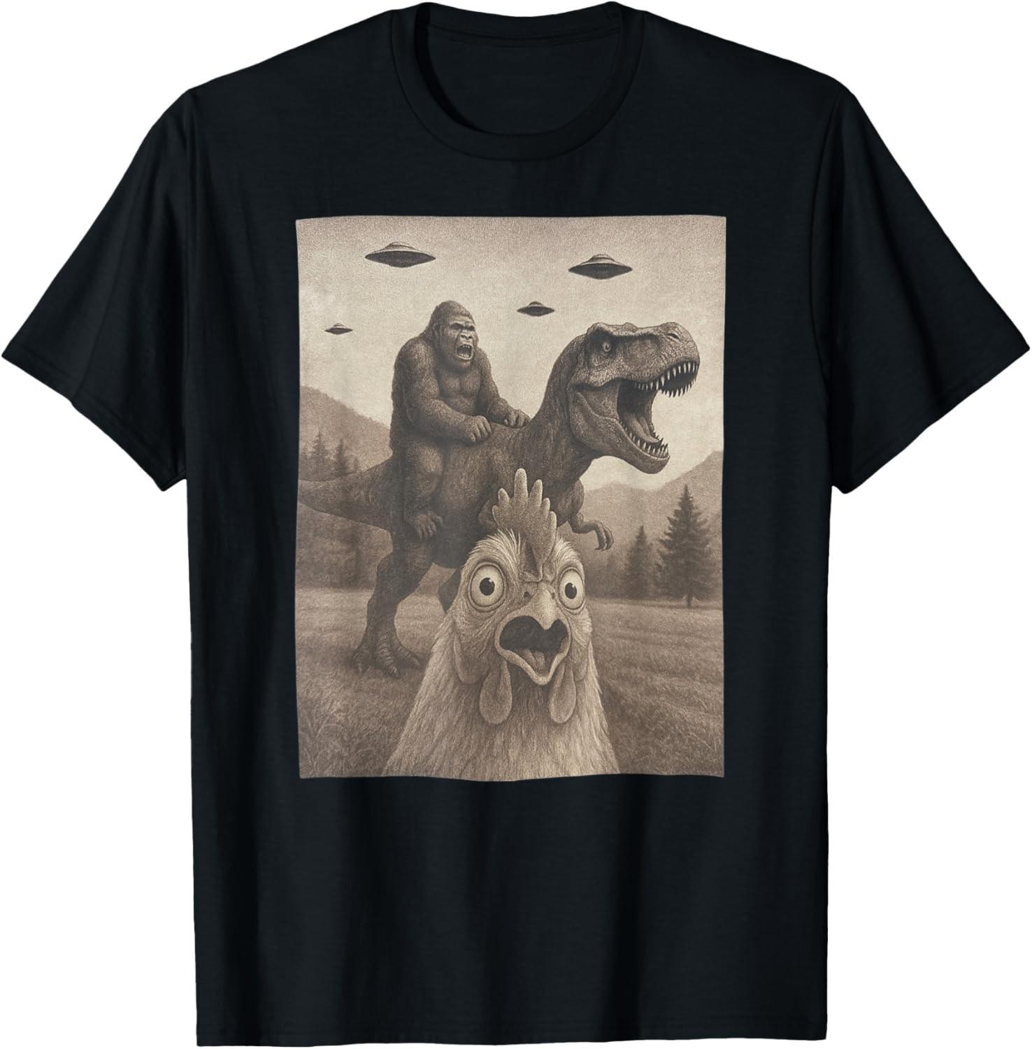 Funny Chicken Chicken Selfie Bigfoot Riding T rex T-Shirt Mens Womens Tees Top unisex T-Shirt Mens Womens Tees Top 3XL