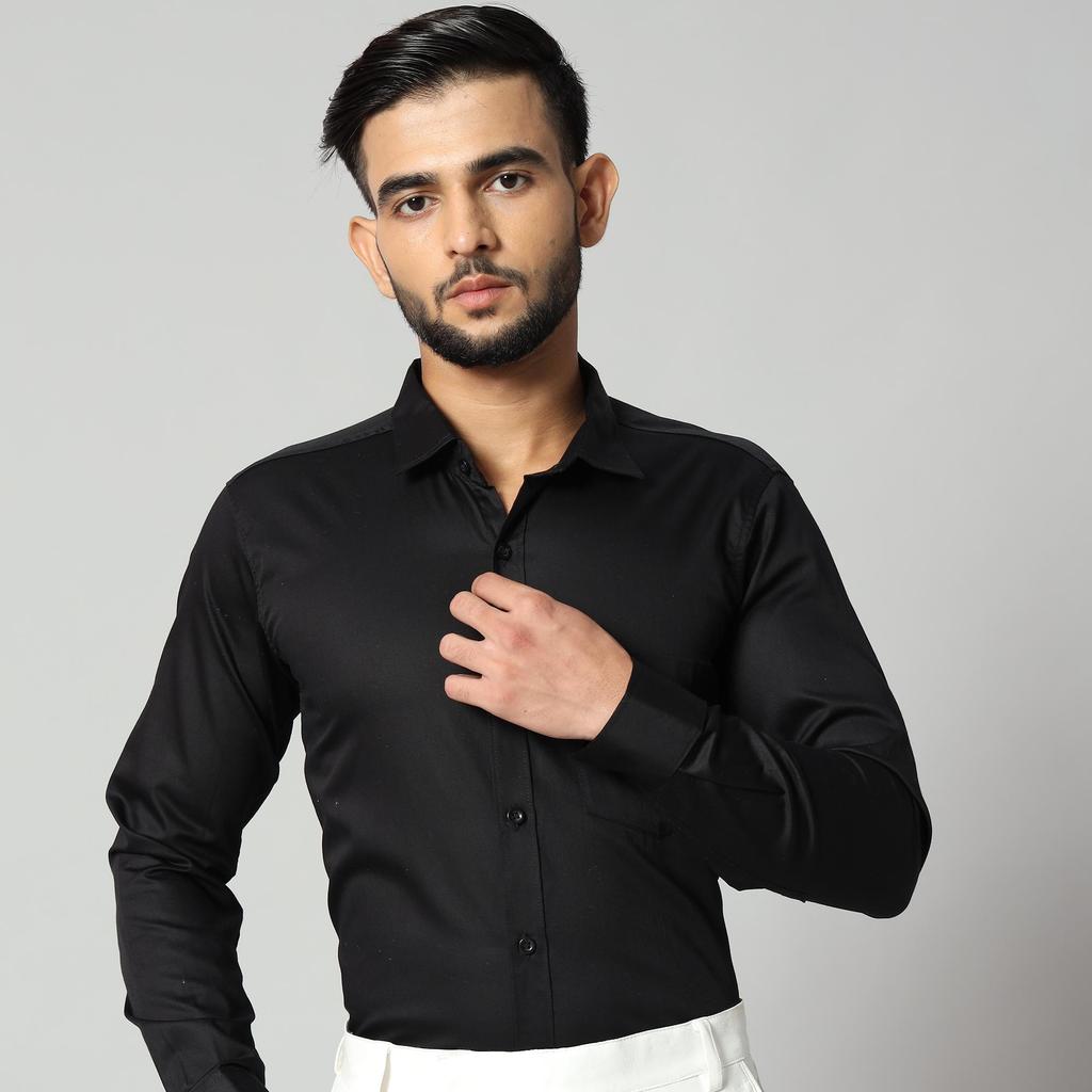 Men's Black Formal Cotton Satin Long Sleeve Shirt - 90% Combed Cotton 10% Satin