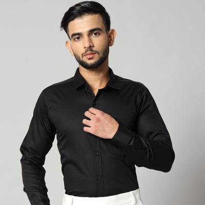 Schwarzes formelles Langarmhemd aus Baumwollsatin für Herren – 90 % gekämmte Baumwolle, 10 % Satin