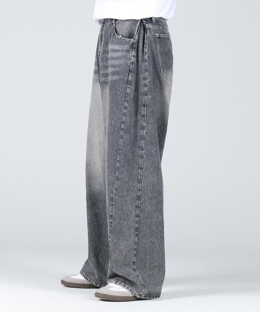 Hueo Cut Side Pintuck Vintage Washed Wide Denim Pants_Gray