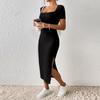 Women’s Square Neck Short Sleeve Ribbed Knit Fitted Midi Dress with Side Slit Bodycon Casual Style for Daily Wear