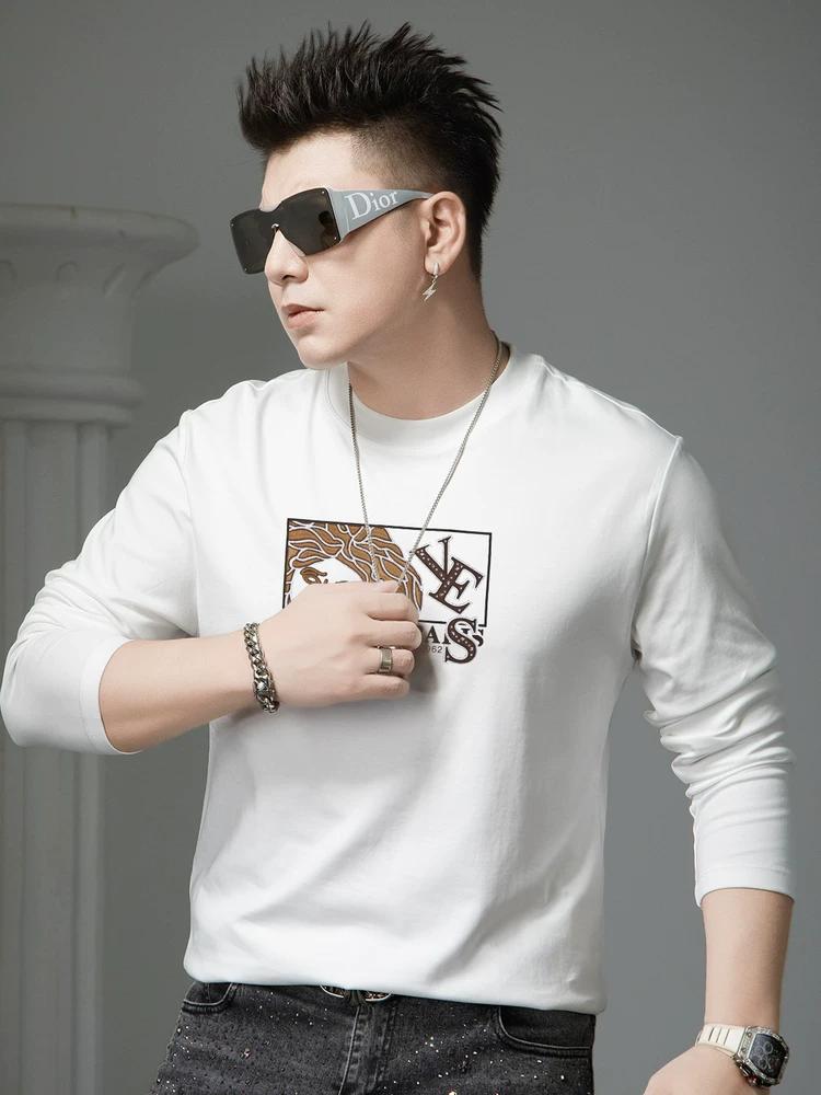 European Style 2025 New Long-Sleeve T-Shirt for Men, Autumn Trendy Brand Printed Rhinestone Base Shirt, Men s Top with Round Neck M чёрный