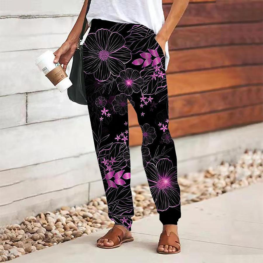 Women Flower Printing Pants Lace Up Elastic Waist Loose  Trousers Casual Long Pants Trousers with Pockets