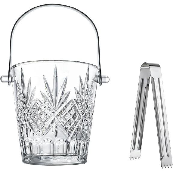 Glass Ice Bucket with Handle and Ice Tong Holds 37oz of Ice Clear Crystal Ice Buckets for Cocktail Bar Wine Home Bar Accessories Parties Clear