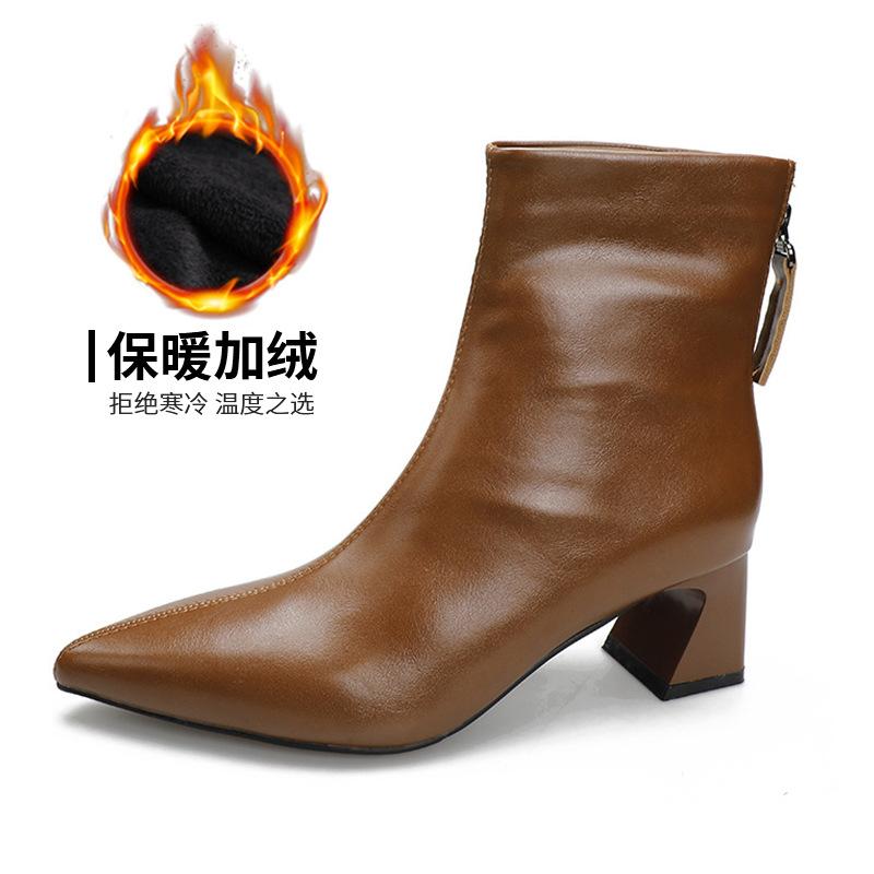 2024 podzimní a zimní nové korejské špičaté kotníkové boty dámské korejského stylu zadní zip silný podpatek boty dětské béžové vysoký podpatek dámské bo