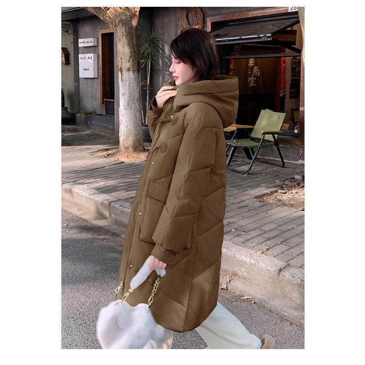 Thickened Korean Bread Coat with Pockets; Fashionable Green Feather Cotton Coat with Hood and Long Design for Winter