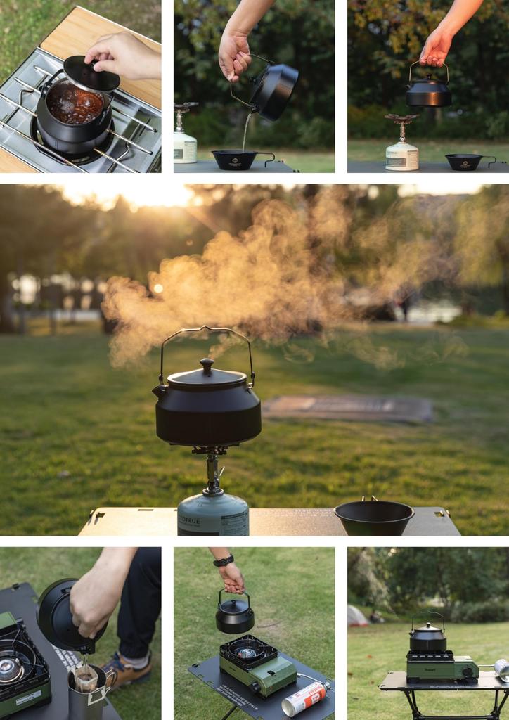 CAMPING MOON Stainless Steel Kettle, Mini Kettle, Pot, for Open Fire, Camping Kettle, One-Piece Molded Stainless Steel 304, Black, 1.0L, BKSW-1