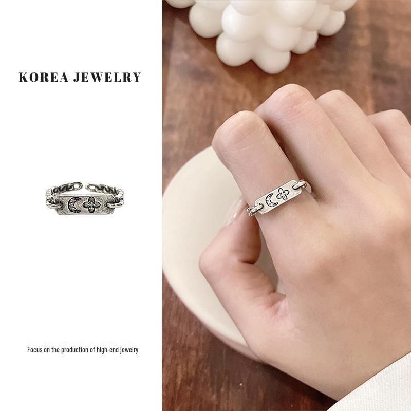 Korean Star Moon Sterling Silver Ring - Non-Fading Design for Women