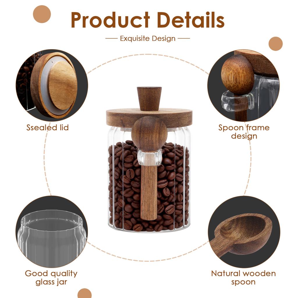 Glass Jar with Wooden Lid and Spoon Transparent Airtight Food Storage Jar Kitchen Coffee Beans Tea Sugar Canister