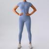 European & American Nude Feel Short Sleeve Yoga Jumpsuit - Women's Fitness Bodysuit with Zipper & Long Pants