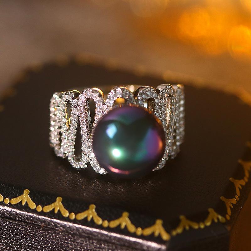 New Hollow Zircon Purple-black Pearl Ring For Women Copper Fashion Jewelry Opening Ring Bridal Gift Women