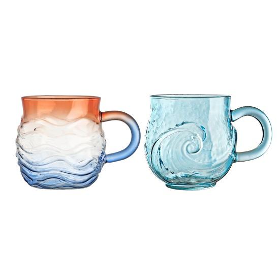 Hrnek se skleněnou vlnou při západu slunce Káva Čaj Víno Šálek 393ml Unikátní textura mořského skla Gradientní barva Sklenice na ledové nápoje Řemeslná domácí dekorace