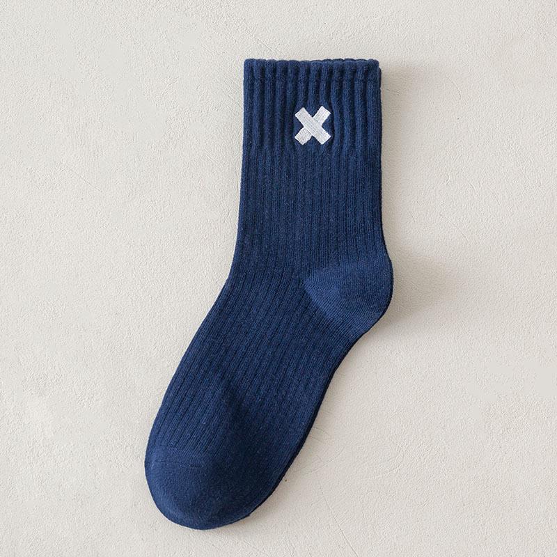 Men s High Elasticity Mid-Calf Cotton Sports Socks with X Letter Embroidery, Autumn/Winter Casual Style