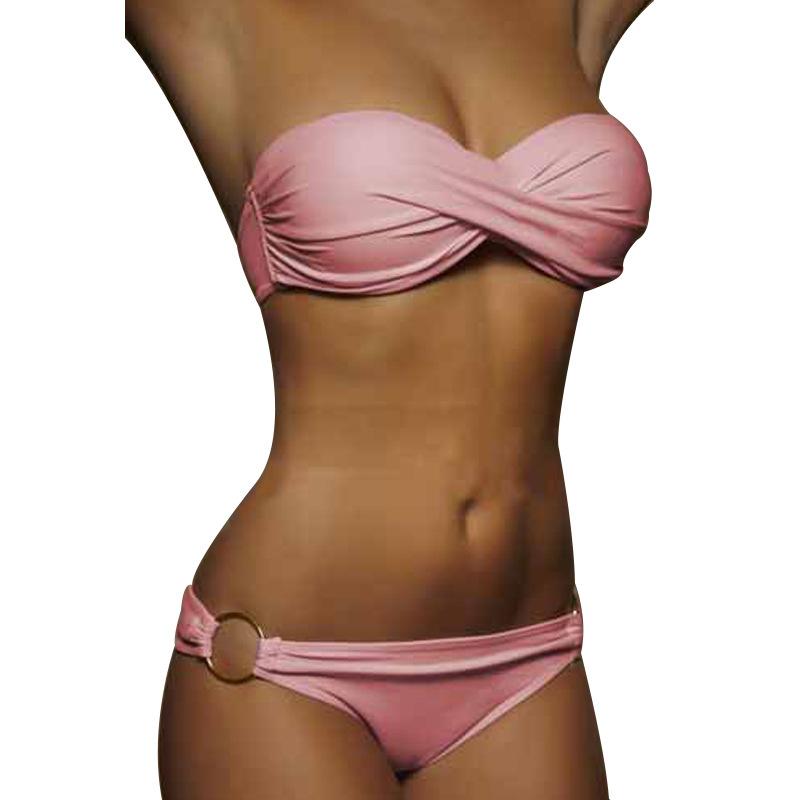 Popular Sexy Ladies Split Solid Color Swimsuit Women s Hard Bag Double Ring S розовый