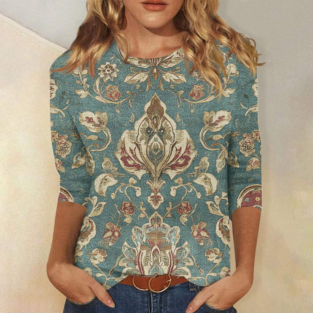 Women's Fashion Casual Seven Sleeve Vintage Printed Round Neck T-Shirt Top