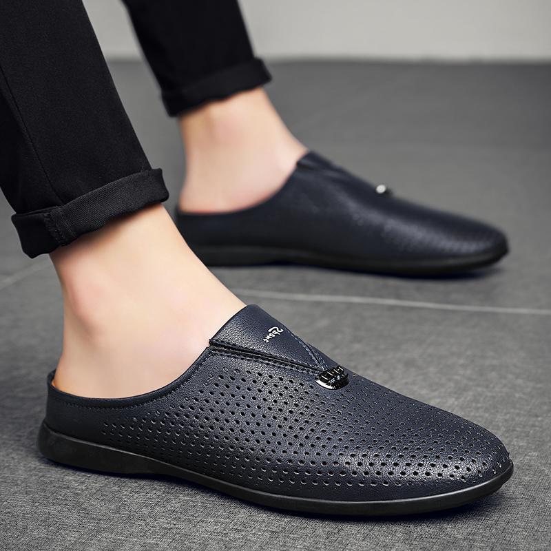 Men's Leather Slippers Hollow Sandals Casual Shoes