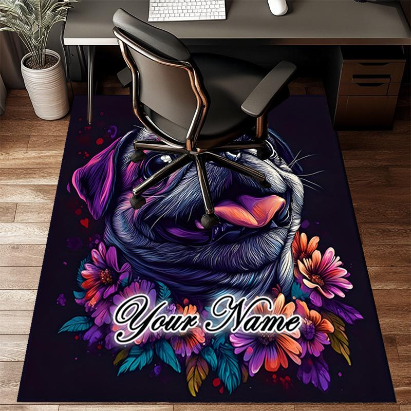 1PC Custom Name Pug Flowers Artwork Theme Floor Mat Ideal for Living Room, Game Rooms, Office, Bedroom,Floor Mat Playful Design