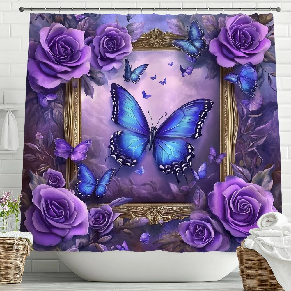 Beautiful Purple Flower Butterfly Style Shower Curtain, Bathroom Decorative Shower Curtain, Waterproof Shower Curtain With Hooks