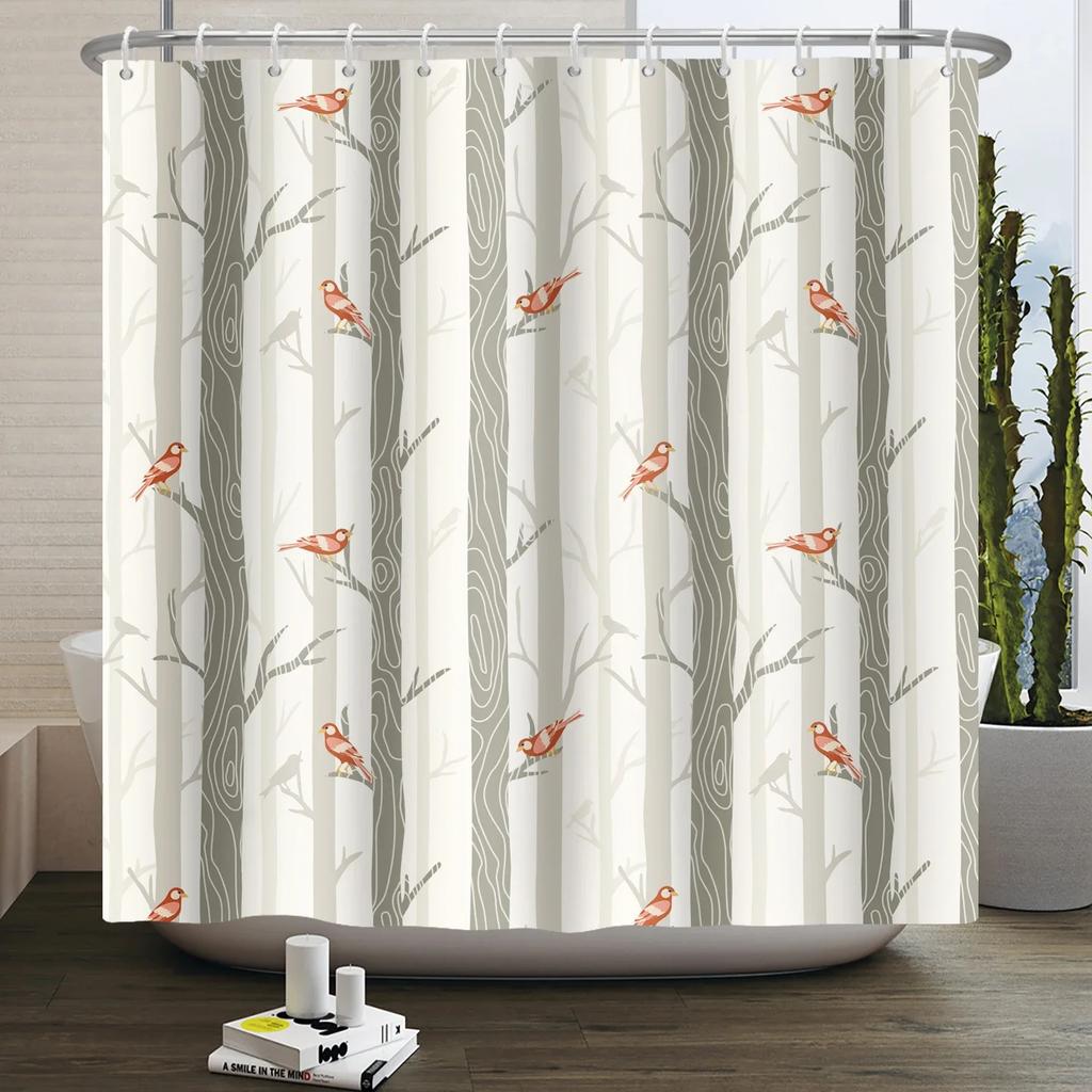 Forest Animals Shower Curtain jungle Trees Plant Wildlife Bird Bear Elk Fox Deer Modern Minimalist Kids Bathroom Shower Curtain