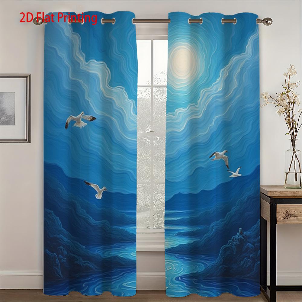 2pcs Blue Night Sky Curtains with Moon & Seagulls Design - Semi-Transparent Polyester   Machine Washable   Grommet Top for Easy
