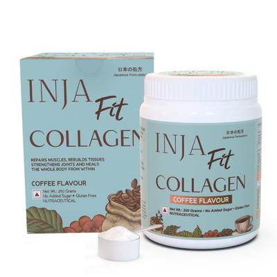 INJA Wellness Fit Marine Kollagen Nahrungsergänzungsmittel für Kollagenpulver mit Vitamin C, Japanische Formulierung, Gesunde Gelenke & Muskeln, Kaffeegeschmack, 250g