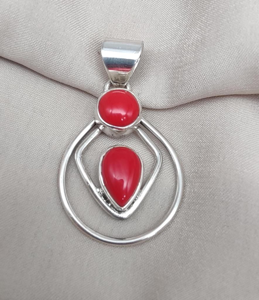 Red Coral Pendant: Two-Stone 925 Sterling Silver Boho Necklace