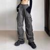 YK Harajuku Vintage Straight Pocket Pleated High Street Hip Hop Casual Parachute Pants Loose Tooling Wide Leg Trousers