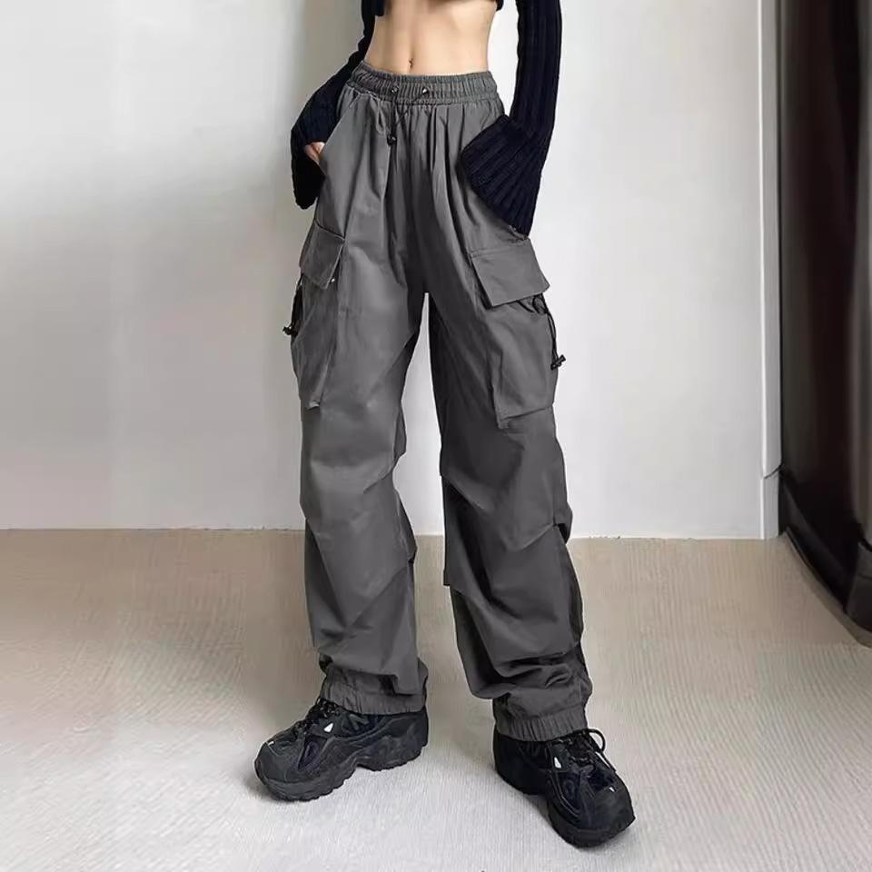 YK Harajuku Vintage Straight Pocket Pleated High Street Hip Hop Casual Parachute Pants Loose Tooling Wide Leg Trousers
